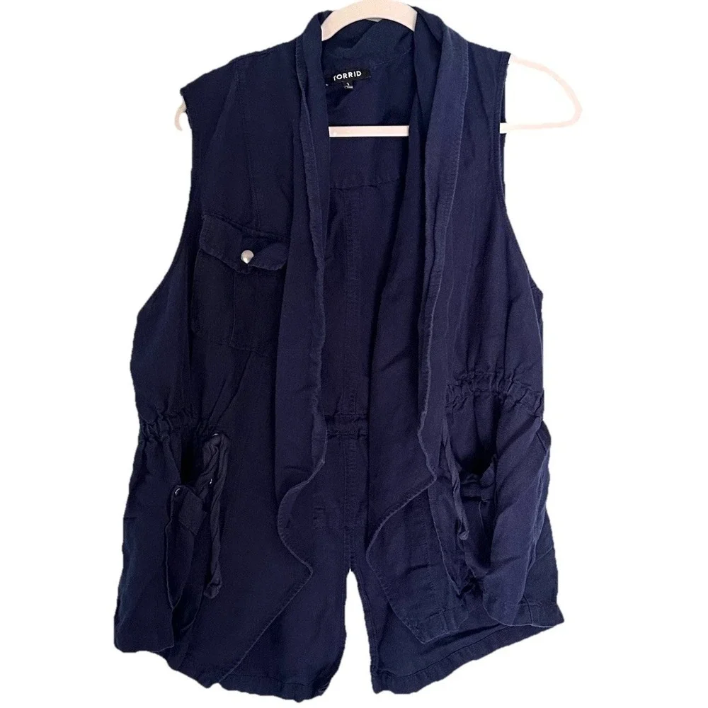 Torrid 1 Vest Womens Navy Blue Linen Rayon Draped M Layering‎ Pockets Drawstring